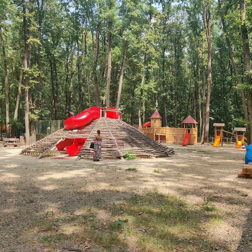 picture of a kids' playground, with a climbing structure, slides and a castle