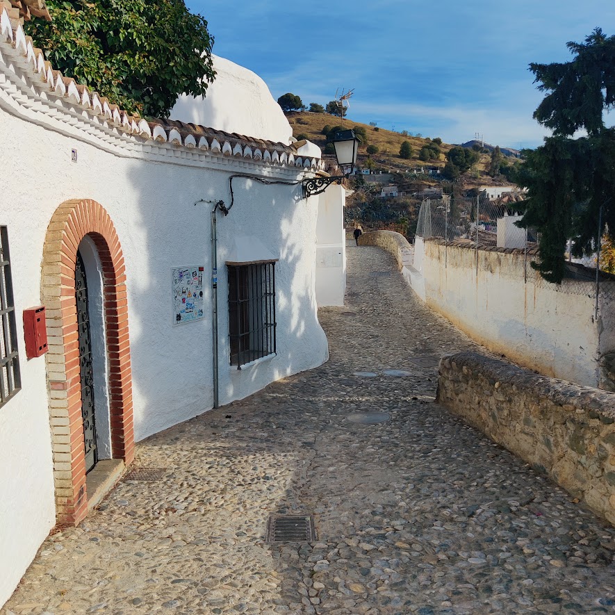 picture of a street with cobblestone and a round door